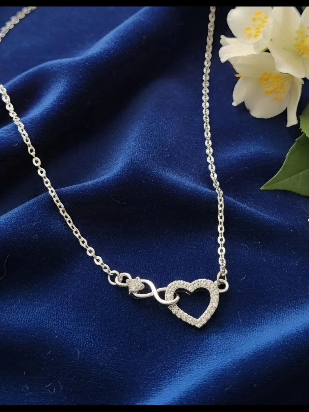 Heart Outline Pendant Necklace in Silver with Cubic Accents